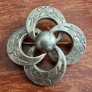 1960s KARU Arke Inc Silver Tone Brooch or Pin Engraved Floral Details Signed